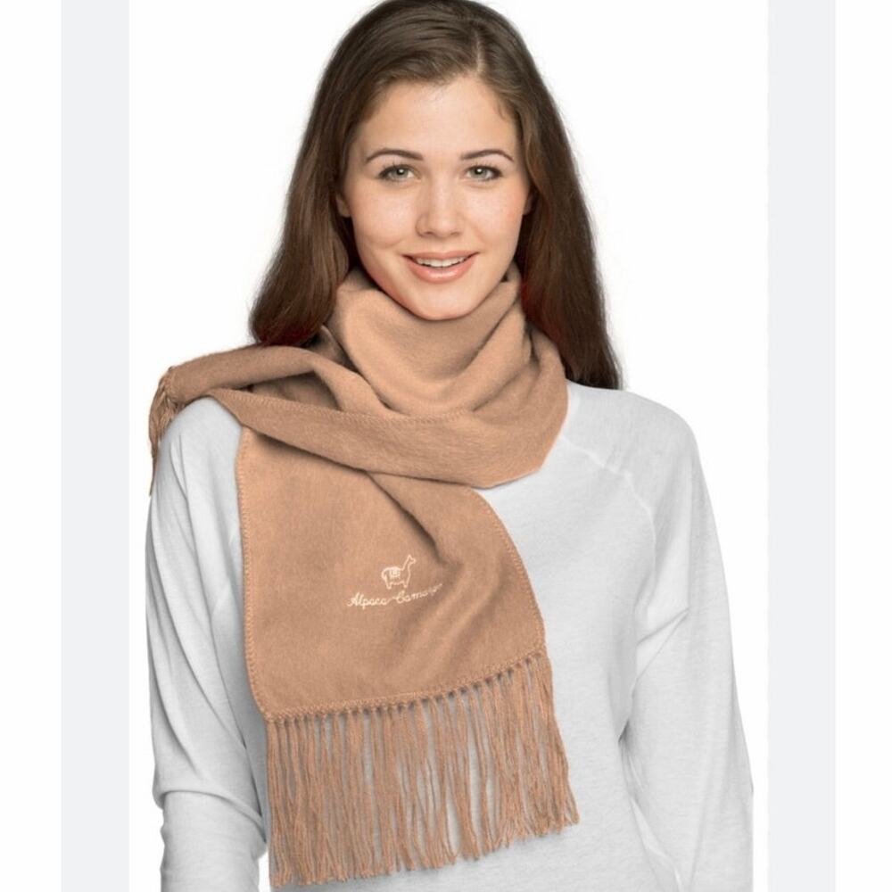 Alpaca Camargo Camel Baby Alpaca Scarf Embroidered Logo Fringe Wrap 80” x 9”